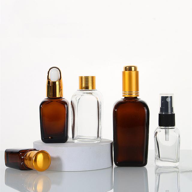 Flat cosmetic glass bottle 10 / 20 / 30 / 50 / 100 ml