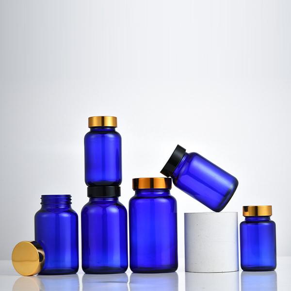 Blue wide mouth glass pill bottles 60 / 75 / 100 / 120 / 150 / 180 / 200 / 250 / 300 / 400 / 500 ml
