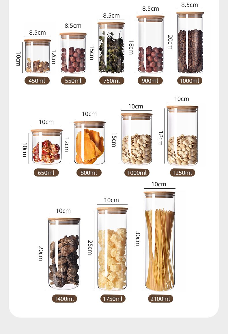 Borosilicate storage jars with bamboo lids 450 / 550 / 750 / 900 / 1000 / 1250 / 1400 / 1750 / 2100 ml