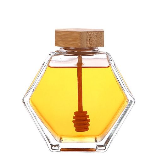 Hexagonal honey jar with bamboo lid 