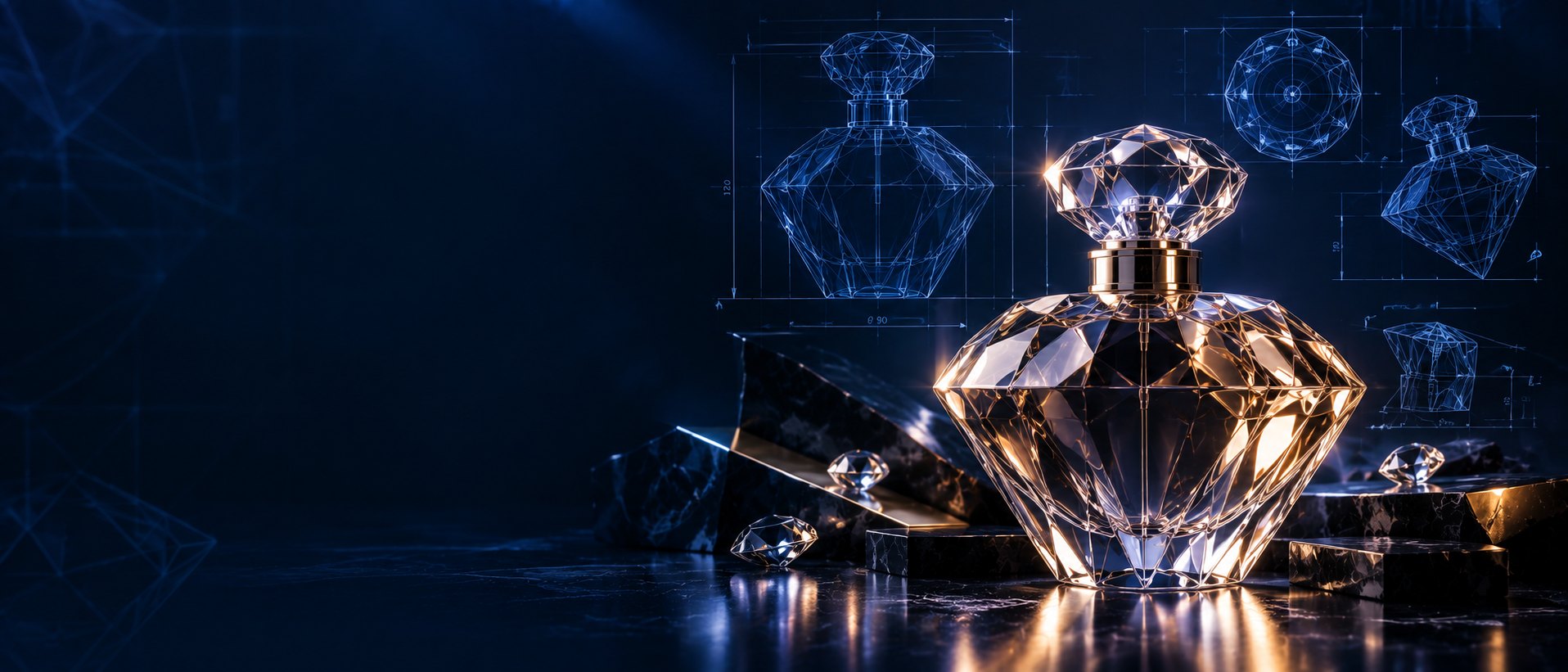 A perfume flacon beside the technical drawing it was made from