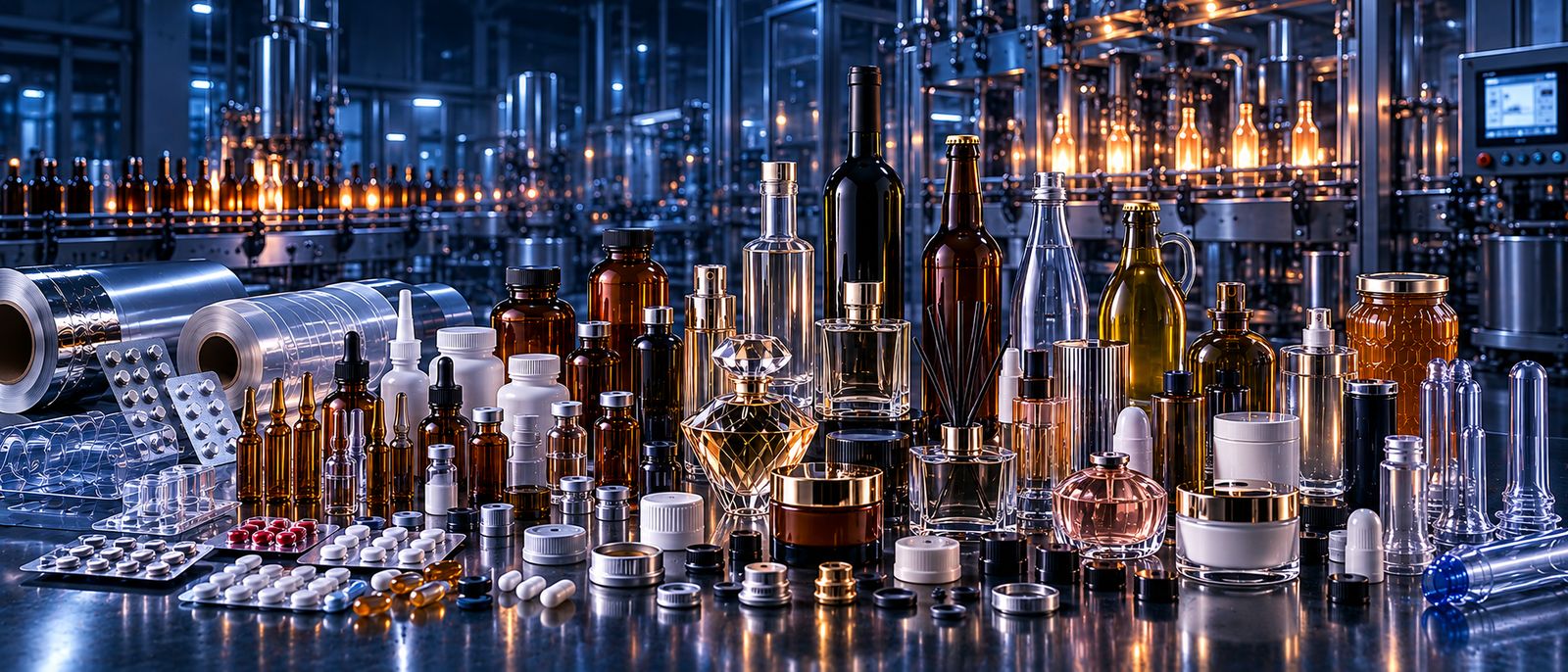Glass containers of every format in front of a filling line